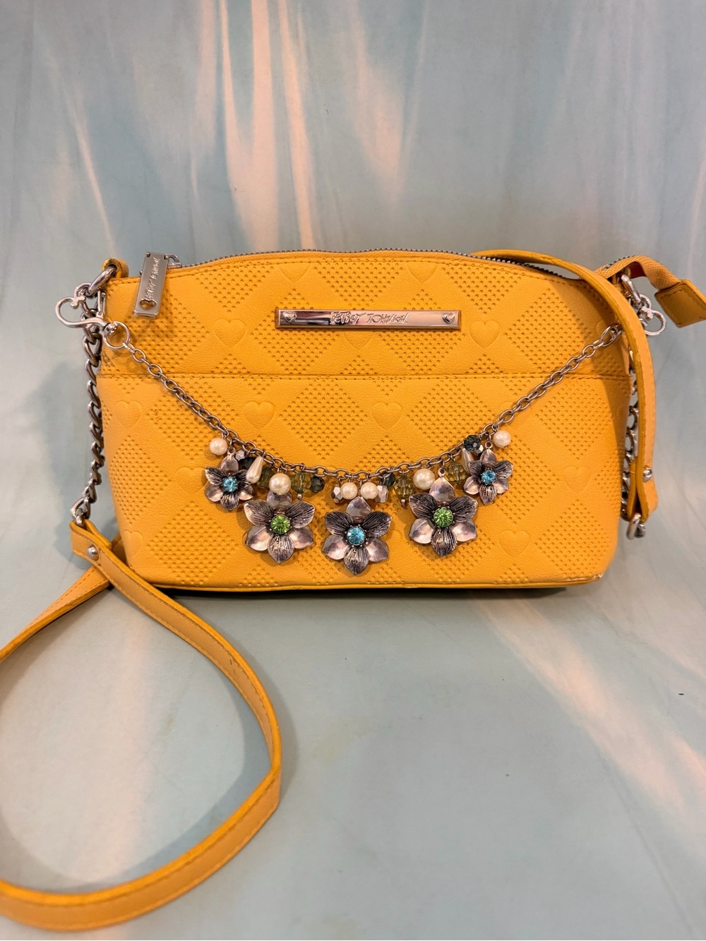 Betsey Johnson Yellow diamond & Heart Crossbody with Floral Charm Chain